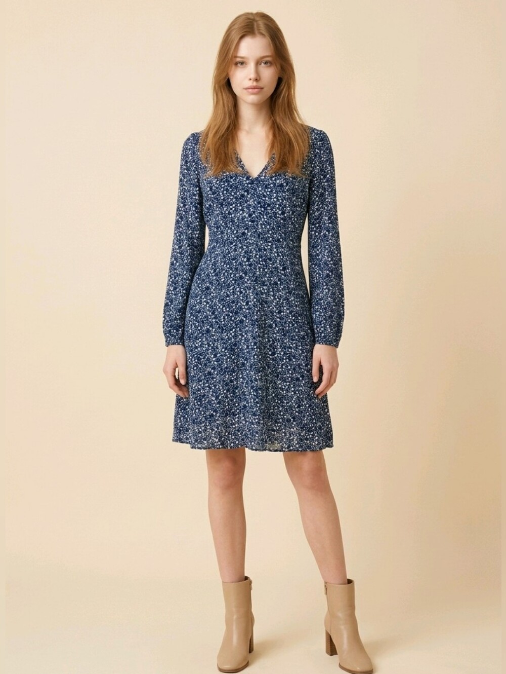 Boden Floral Long Sleeve V-Neck Mini Dress in Navy Blue & White Size 2P